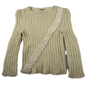 Rochelle Imber Hand Knit Wool Sweater S/XS Ivory Cable Overlay Handmade Art